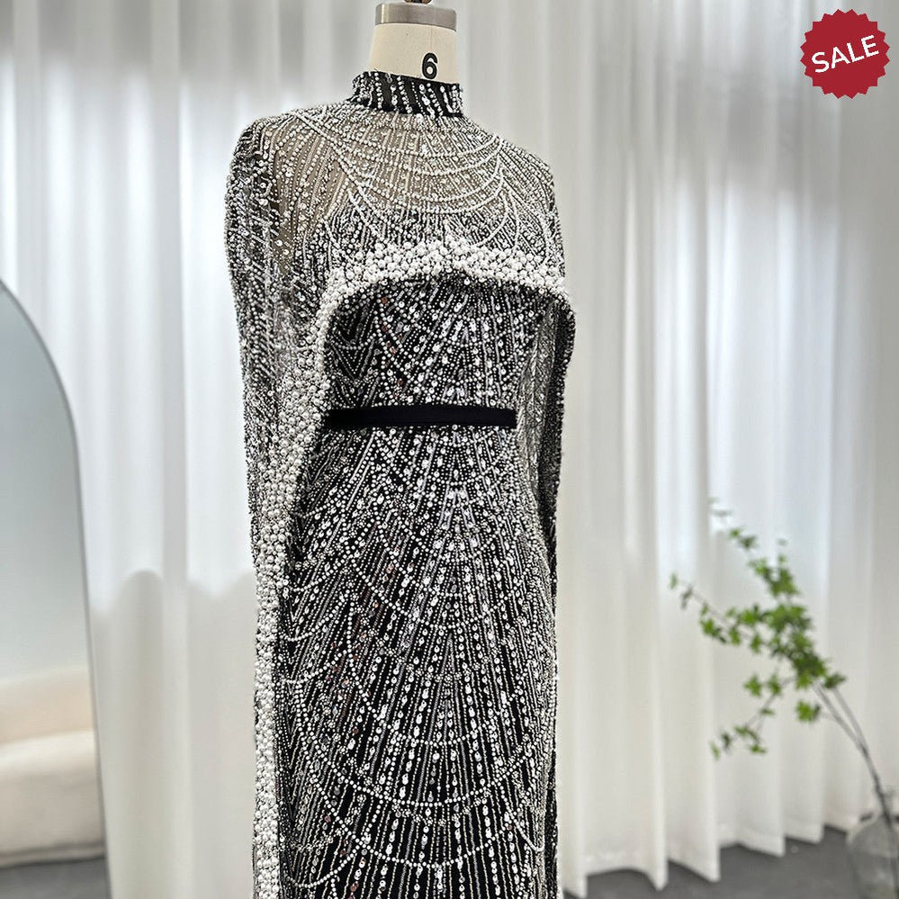Luxury Pearls Dubai Champagne Evening Dresses with Cape 2023 New Arabic Women Mermaid Wedding Party Prom Dress SS369