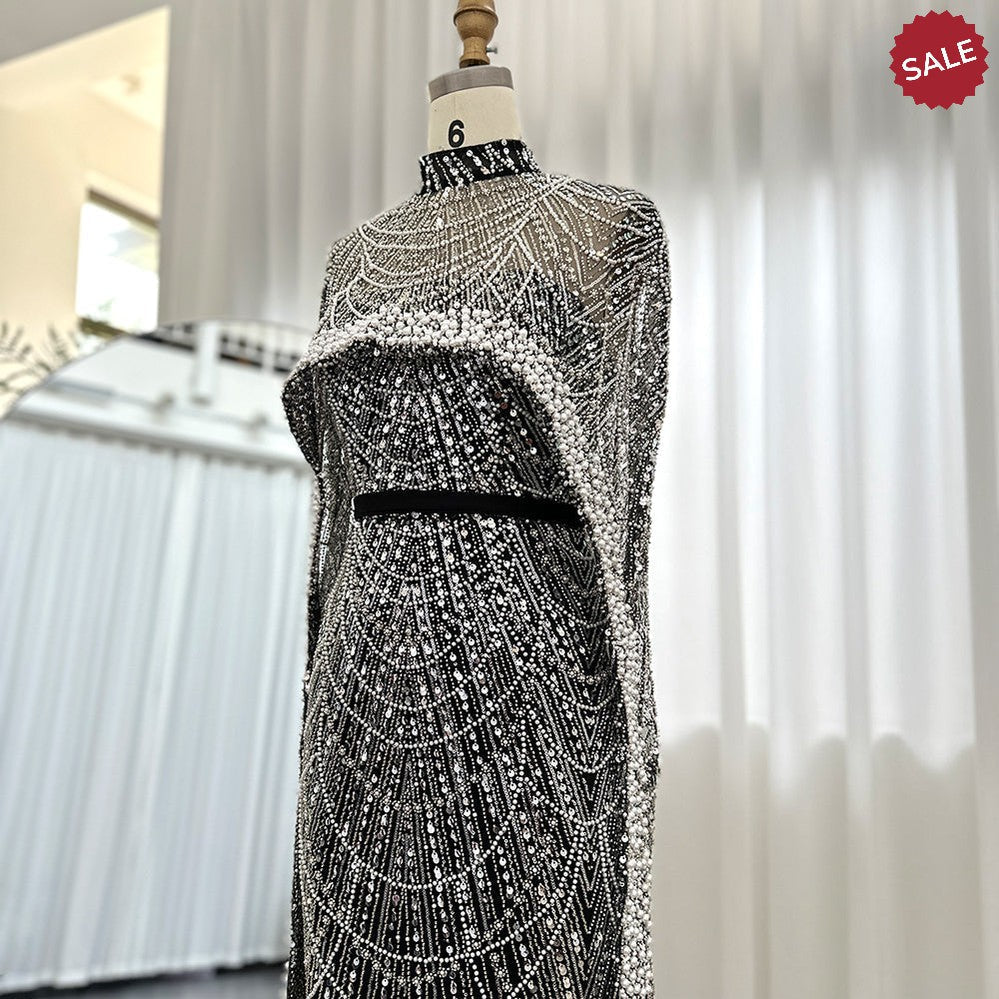 Luxury Pearls Dubai Champagne Evening Dresses with Cape 2023 New Arabic Women Mermaid Wedding Party Prom Dress SS369