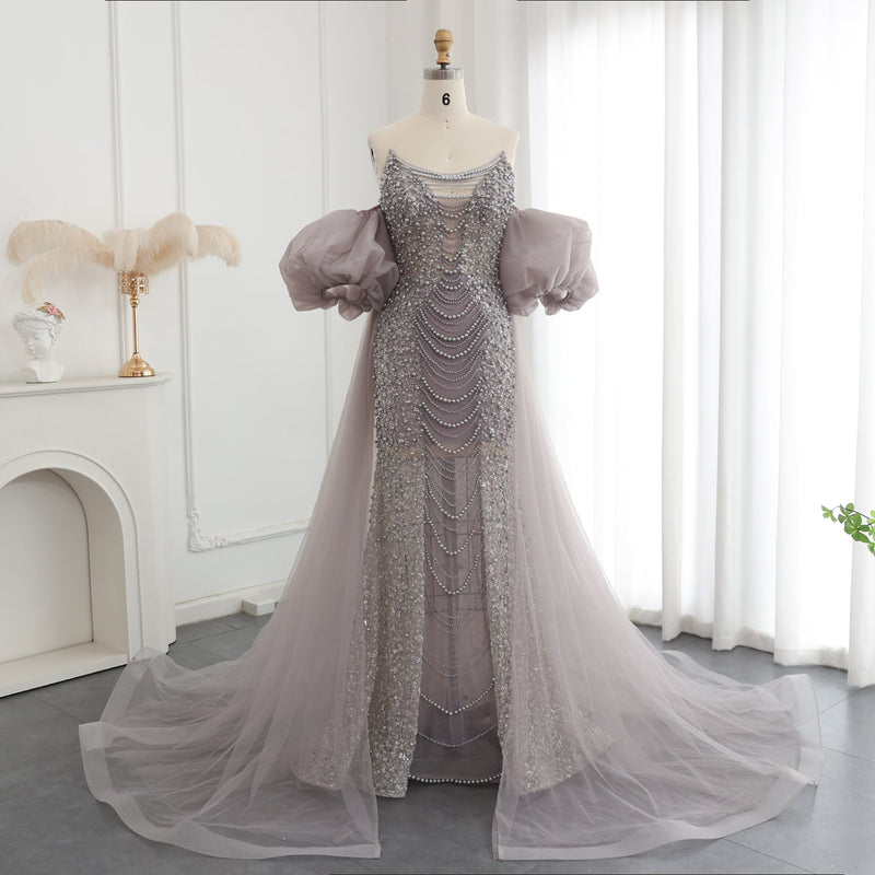 Luxury Pearls Purple Mermaid Evening Dress with Cape Sleeves Tassel Dubai Turkish Wedding Party Gowns SS199
