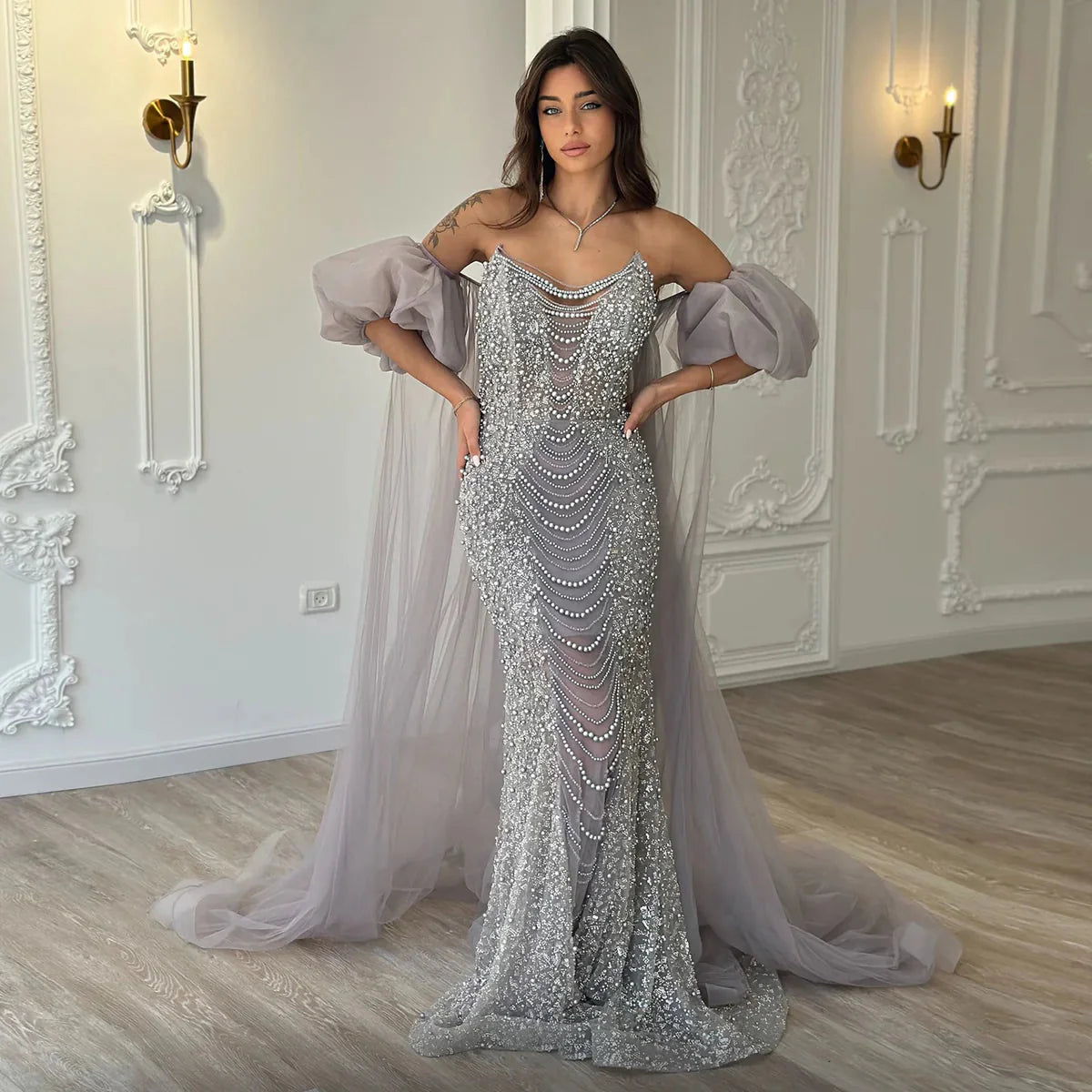 Luxury Pearls Purple Mermaid Evening Dress with Cape Sleeves Tassel Dubai Turkish Wedding Party Gowns SS199