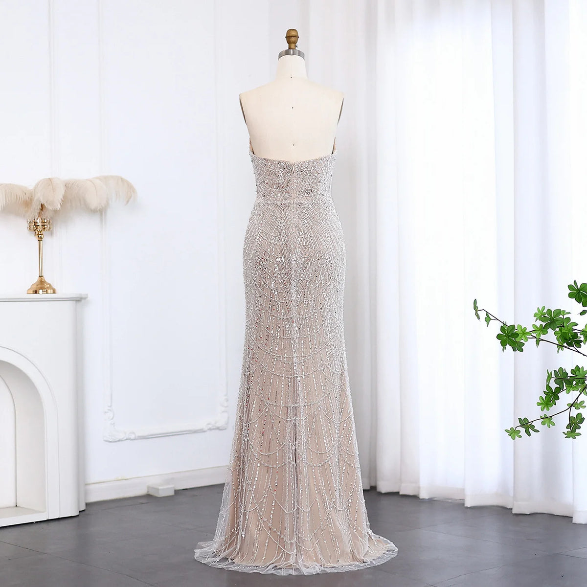 arabic evening gowns dresses Luxury Pearls Silver Nude Strapless Arabic Evening Dress SS681 – Jill Wish