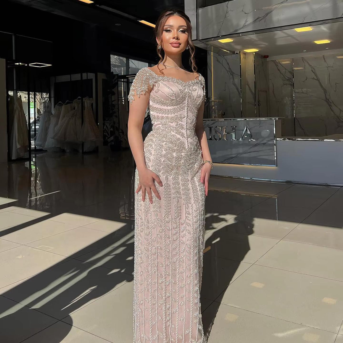 Luxury Pink Cream Evening Dress Formal Party Gowns SS150