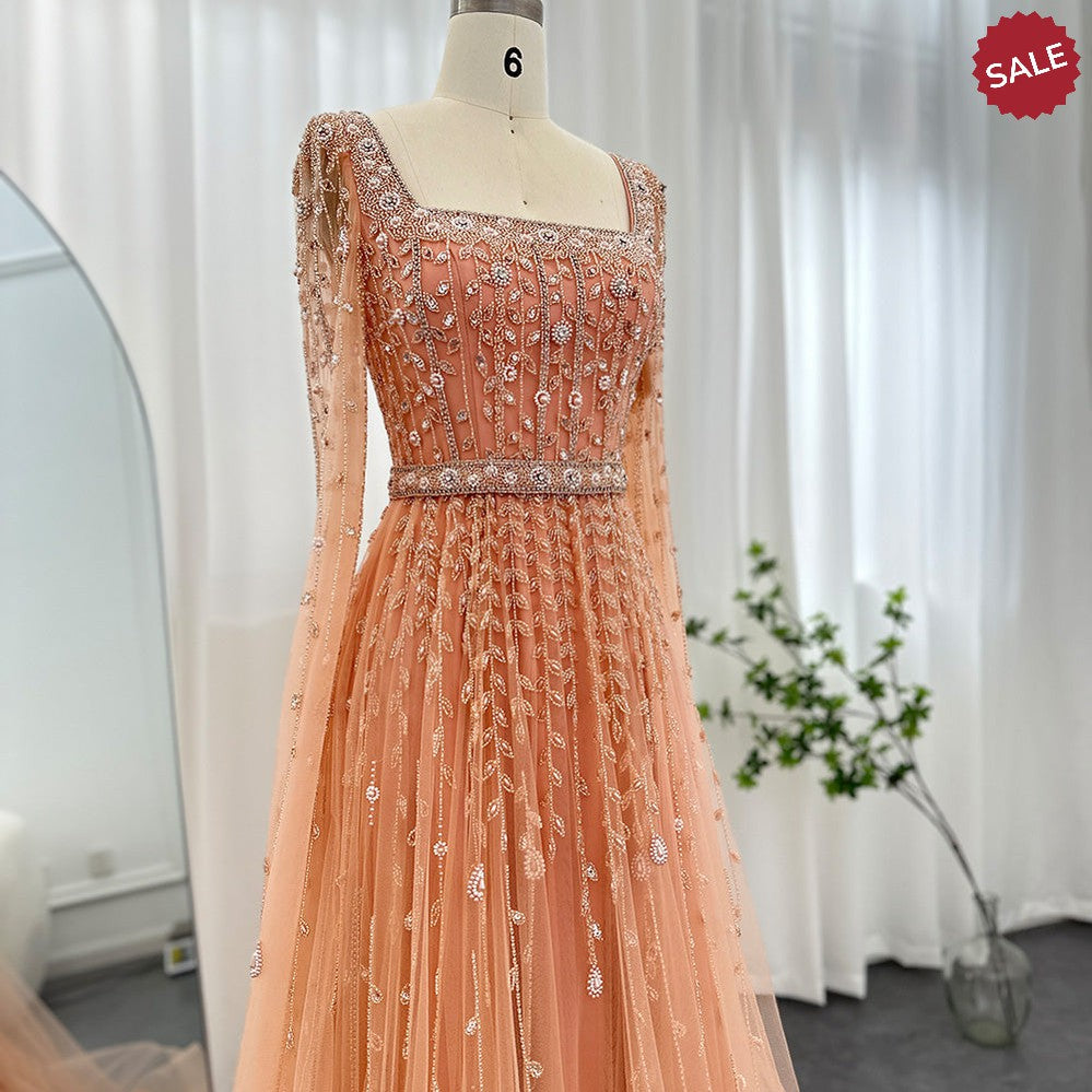 Luxury Pink Dubai Evening Dresses for Women Wedding Square Neck Cap Sleeves Arabic Muslim Formal Party Gowns SS494