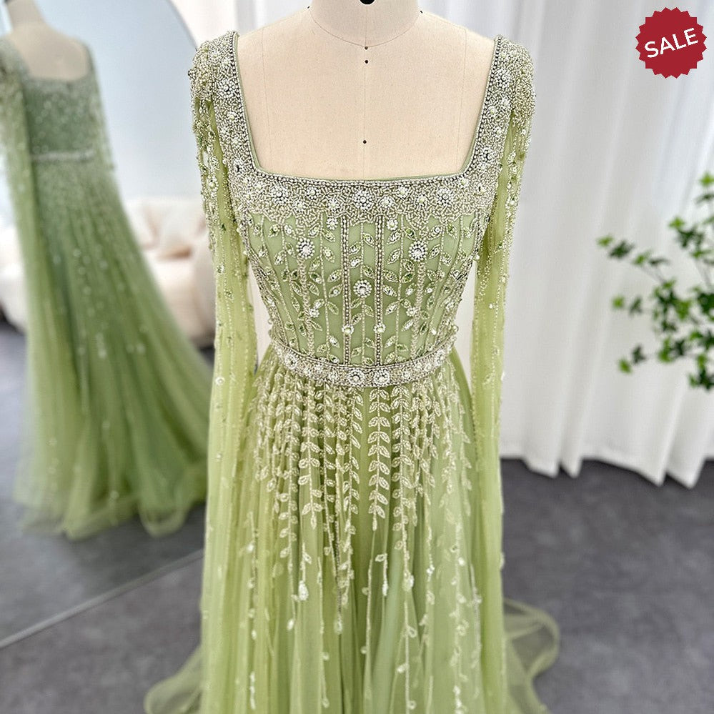 Luxury Pink Dubai Evening Dresses for Women Wedding Square Neck Cap Sleeves Arabic Muslim Formal Party Gowns SS494