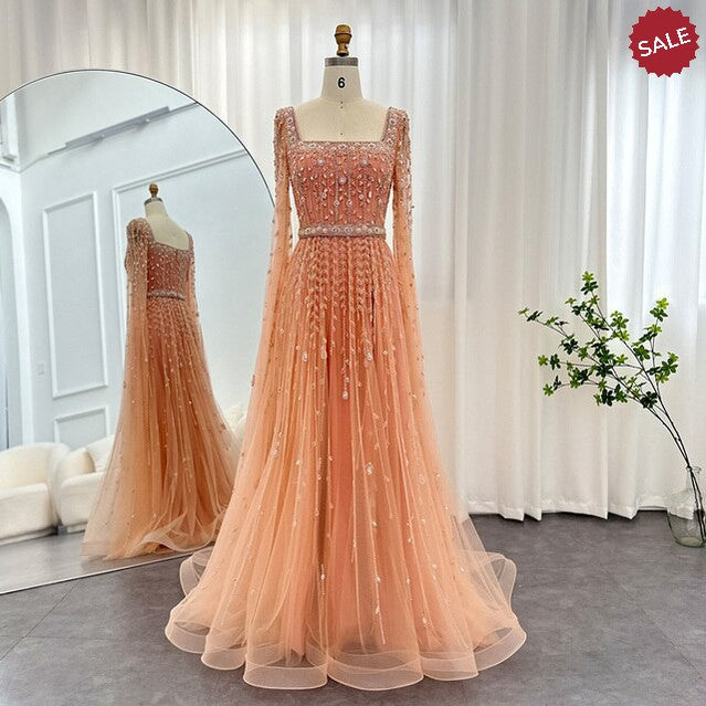 Luxury Pink Dubai Evening Dresses for Women Wedding Square Neck Cap Sleeves Arabic Muslim Formal Party Gowns SS494