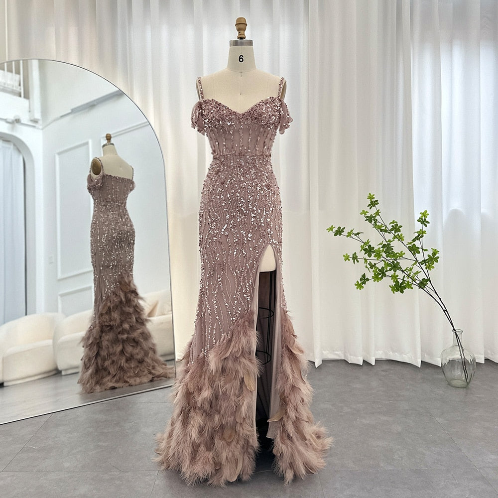 Luxury Pink Mermaid Feathers Prom Dresses 2023 Spaghetti Straps Green Black Blue Women Wedding Evening Dress SS169
