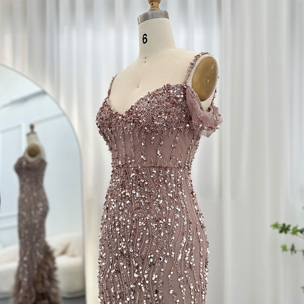 Luxury Pink Mermaid Feathers Prom Dresses 2023 Spaghetti Straps Green Black Blue Women Wedding Evening Dress SS169
