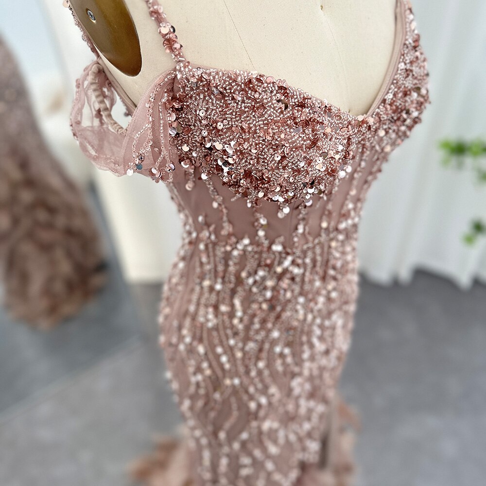 Luxury Pink Mermaid Feathers Prom Dresses 2023 Spaghetti Straps Green Black Blue Women Wedding Evening Dress SS169