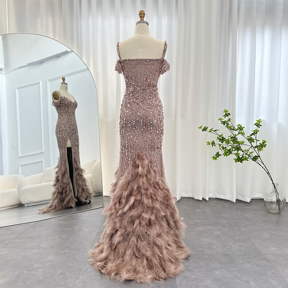 Luxury Pink Mermaid Feathers Prom Dresses 2023 Spaghetti Straps Green Black Blue Women Wedding Evening Dress SS169