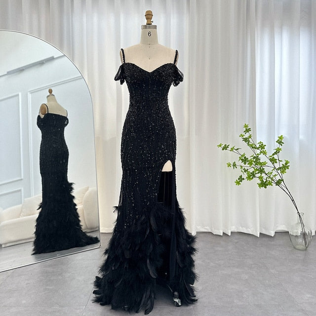 Luxury Pink Mermaid Feathers Prom Dresses 2023 Spaghetti Straps Green Black Blue Women Wedding Evening Dress SS169