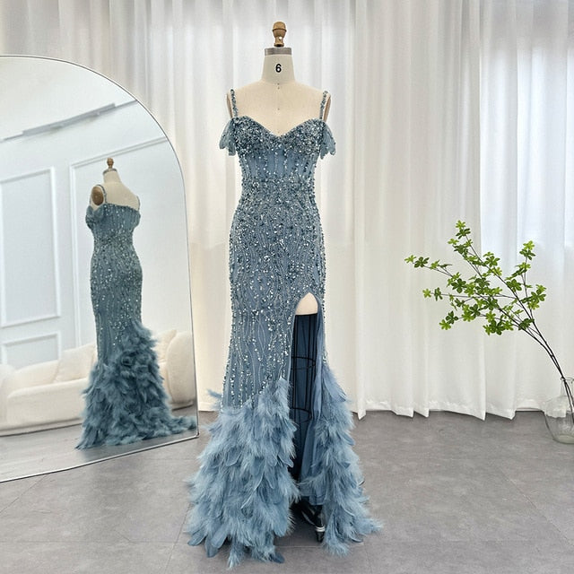 Luxury Pink Mermaid Feathers Prom Dresses 2023 Spaghetti Straps Green Black Blue Women Wedding Evening Dress SS169