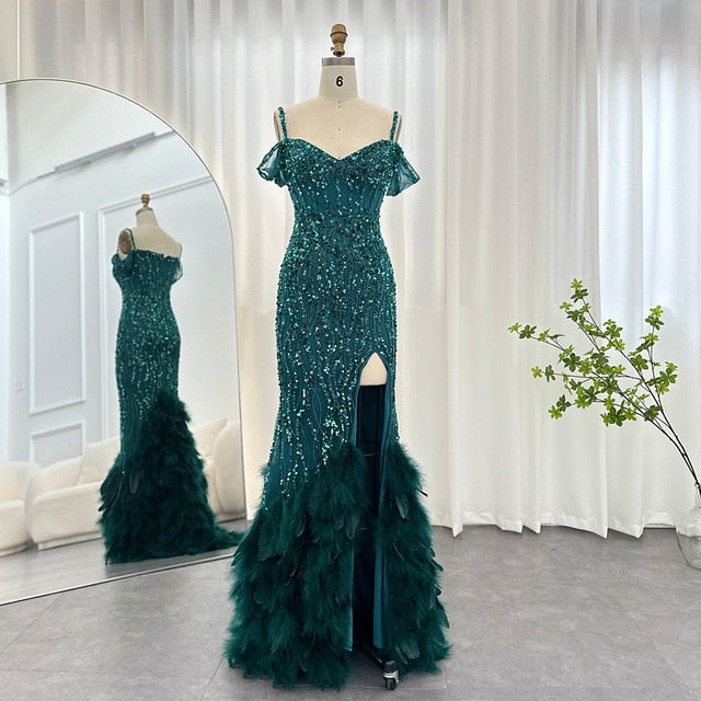 Luxury Pink Mermaid Feathers Prom Dresses 2023 Spaghetti Straps Green Black Blue Women Wedding Evening Dress SS169