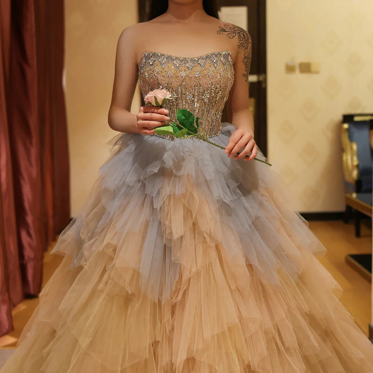 Luxury Rose Gold Blue Ruffles Princess Ball Gown Arabic Evening Dress for Women Wedding Engagement Party Dresses SS531