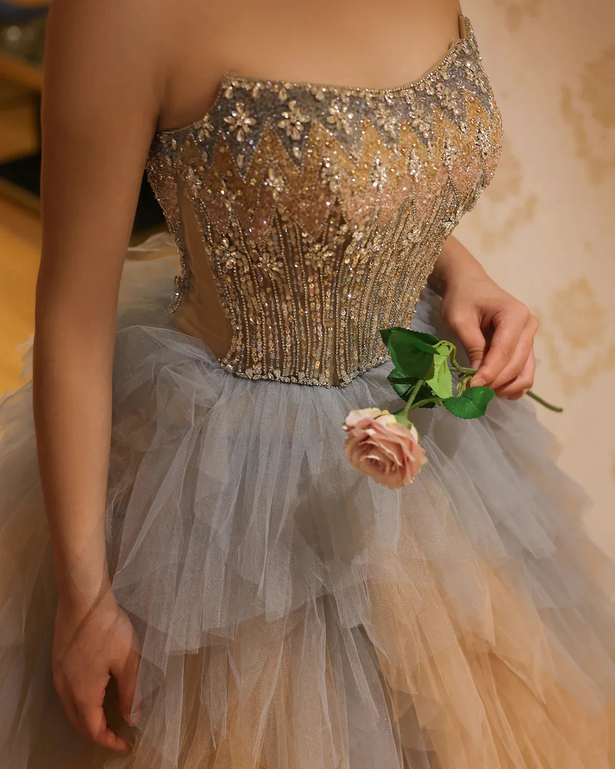 Luxury Rose Gold Blue Ruffles Princess Ball Gown Arabic Evening Dress for Women Wedding Engagement Party Dresses SS531