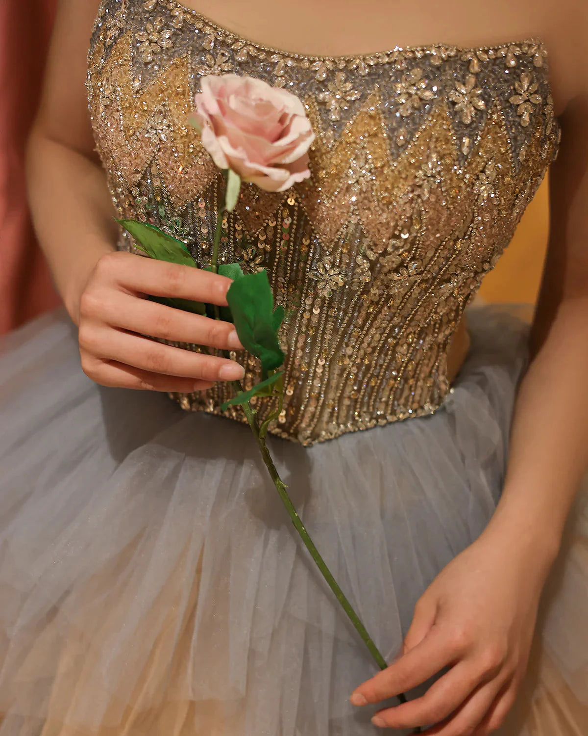 Luxury Rose Gold Blue Ruffles Princess Ball Gown Arabic Evening Dress for Women Wedding Engagement Party Dresses SS531