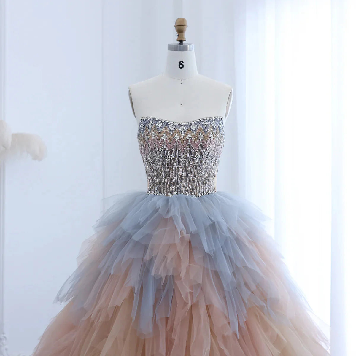 Luxury Rose Gold Blue Ruffles Princess Ball Gown Arabic Evening Dress for Women Wedding Engagement Party Dresses SS531