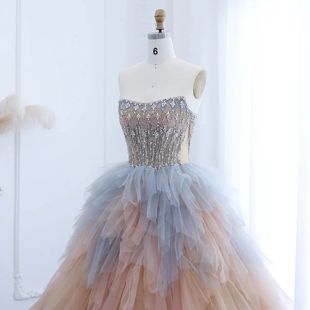 Luxury Rose Gold Blue Ruffles Princess Ball Gown Arabic Evening Dress for Women Wedding Engagement Party Dresses SS531
