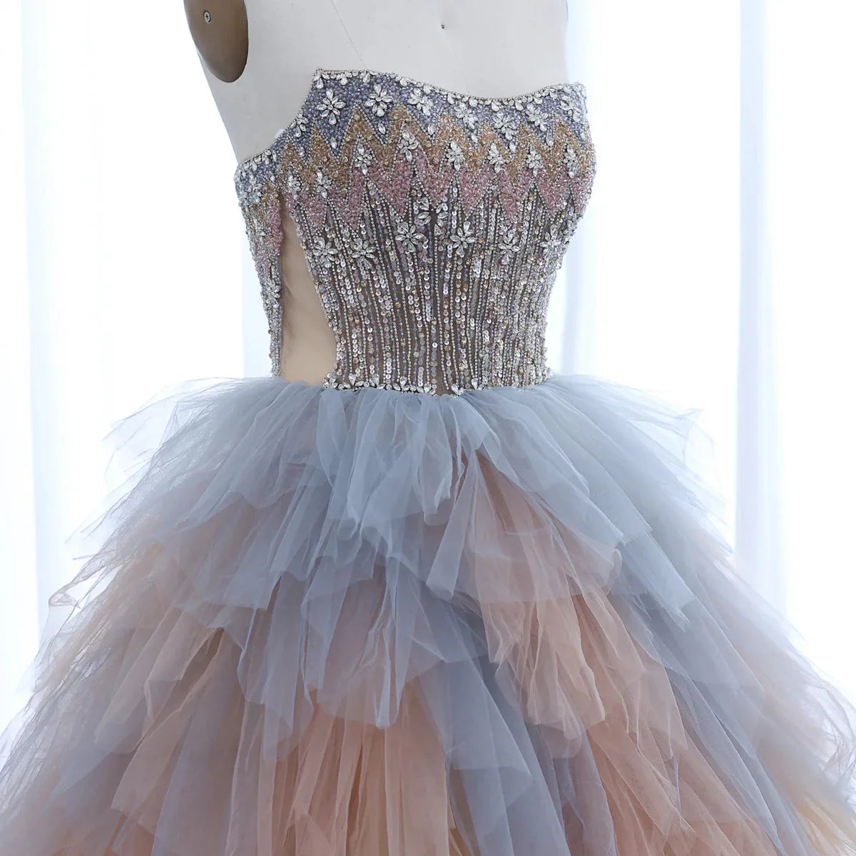 Luxury Rose Gold Blue Ruffles Princess Ball Gown Arabic Evening Dress for Women Wedding Engagement Party Dresses SS531