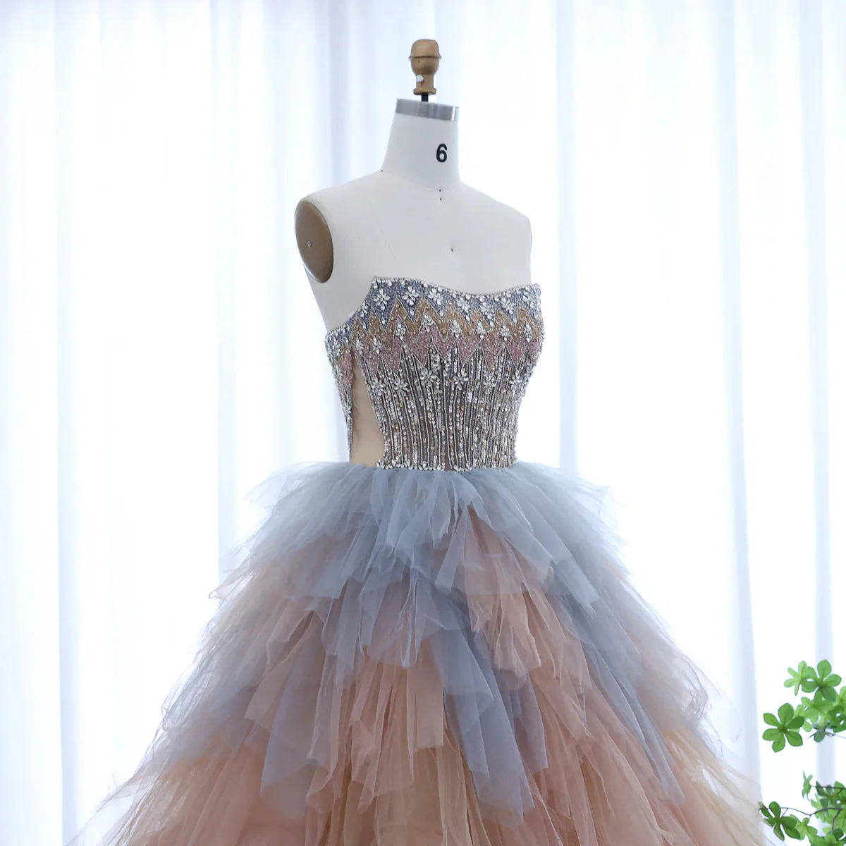 Luxury Rose Gold Blue Ruffles Princess Ball Gown Arabic Evening Dress for Women Wedding Engagement Party Dresses SS531