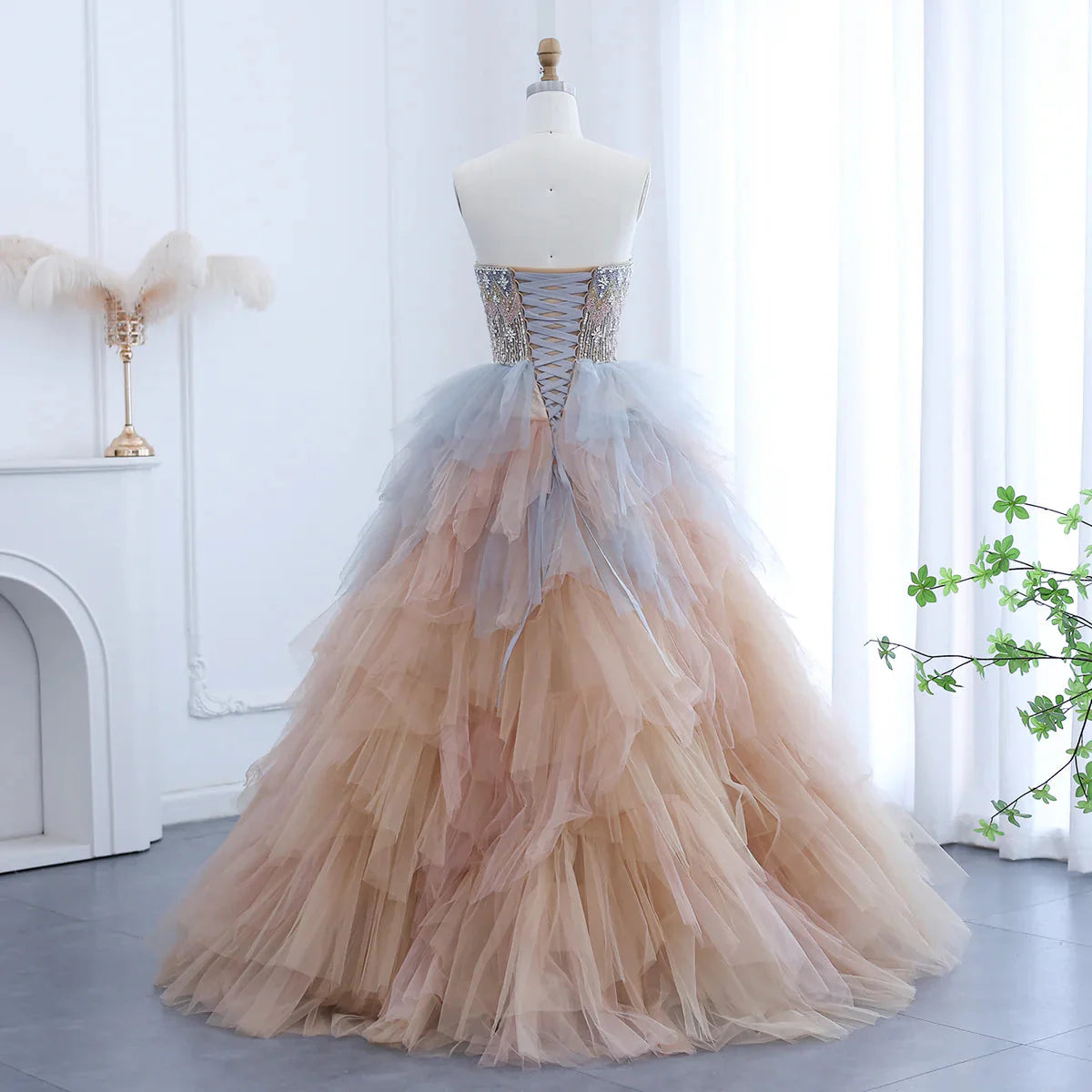 Luxury Rose Gold Blue Ruffles Princess Ball Gown Arabic Evening Dress for Women Wedding Engagement Party Dresses SS531