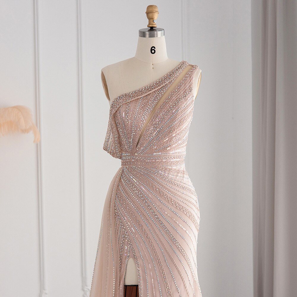 Luxury Rose Pink One Shoulder Mermaid Evening Dresses for Women Wedding Party High Slit Long Prom Formal Gowns SS337