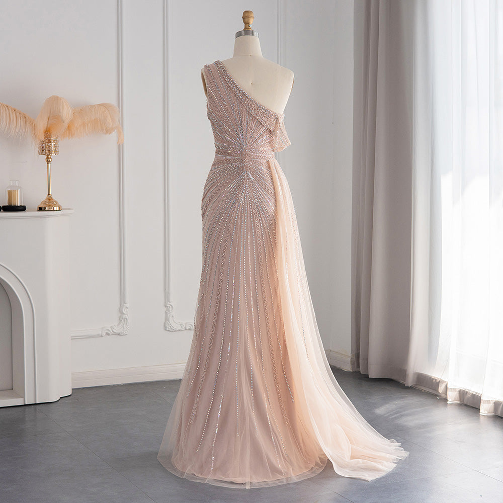 Luxury Rose Pink One Shoulder Mermaid Evening Dresses for Women Wedding Party High Slit Long Prom Formal Gowns SS337