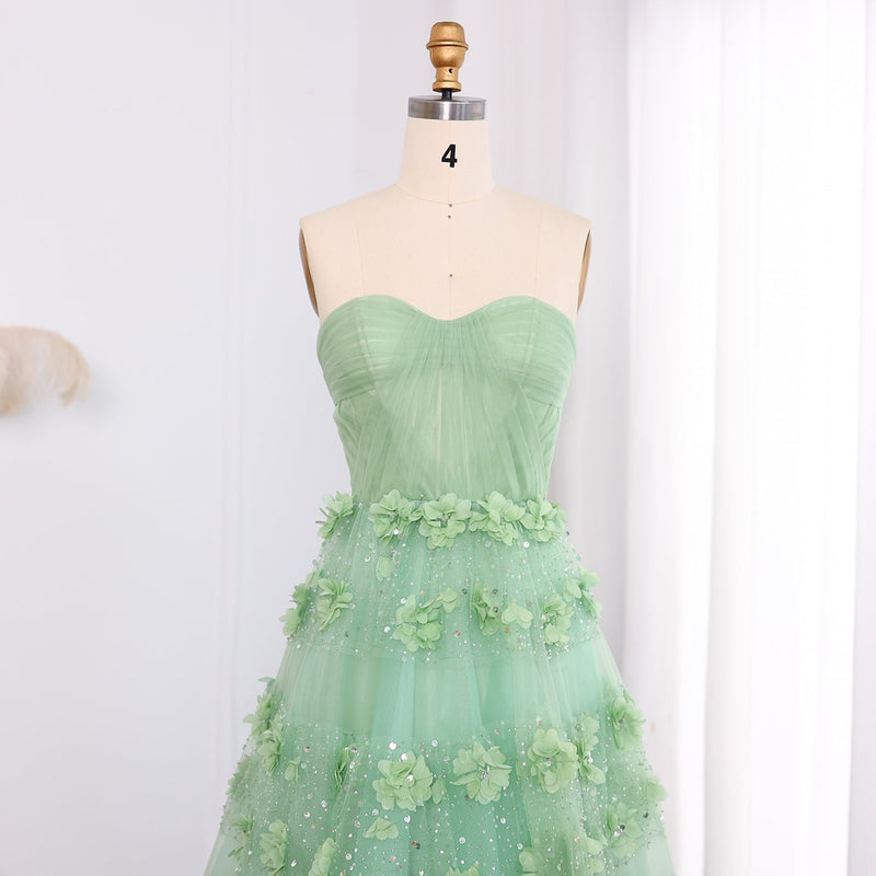Luxury Sage Green 3D Flowers Dubai Evening Dress with Cape Elegant Swetheart Arabic Women Wedding Party Gowns SS346