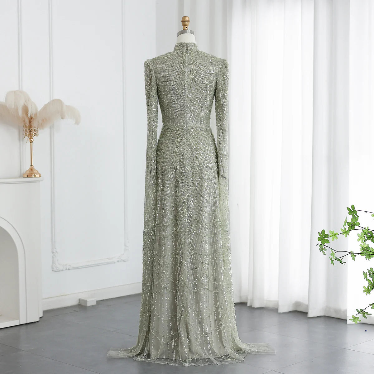 Luxury Sage Green Evening Dress with Cape Sleeves SS260