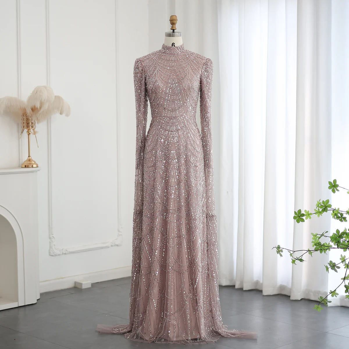 Luxury Sage Green Evening Dress with Cape Sleeves SS260