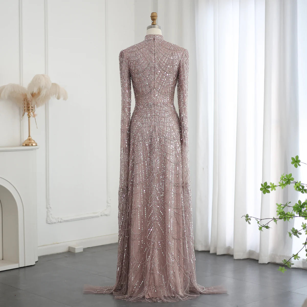 Luxury Sage Green Evening Dress with Cape Sleeves SS260
