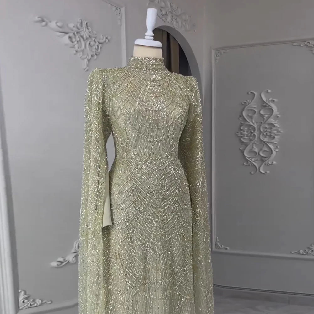Luxury Sage Green Evening Dress with Cape Sleeves SS260