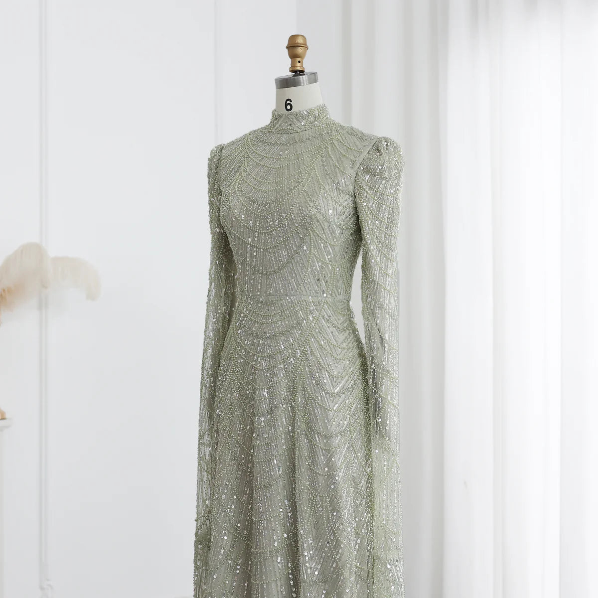Luxury Sage Green Evening Dress with Cape Sleeves SS260