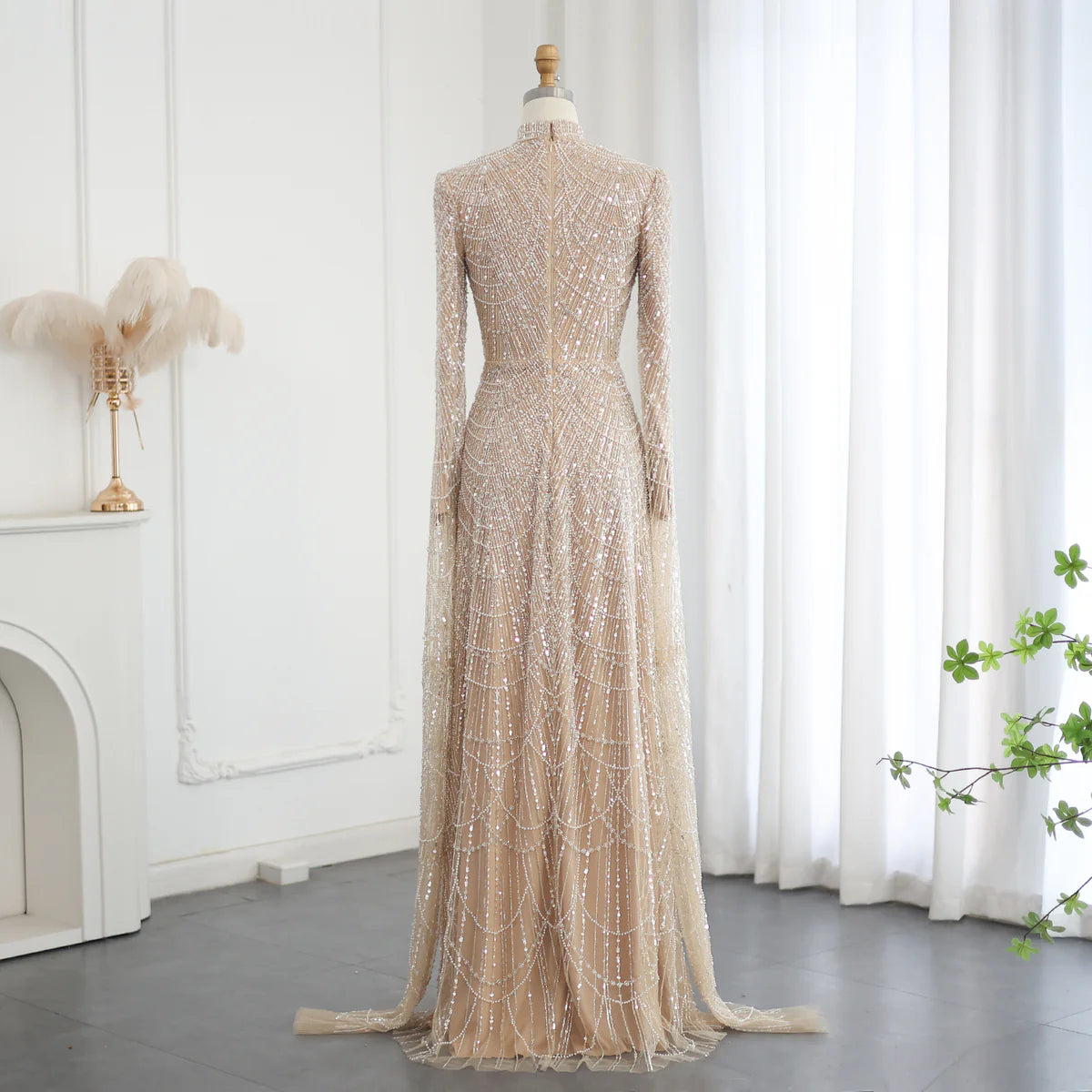 Luxury Sage Green Evening Dress with Cape Sleeves SS260