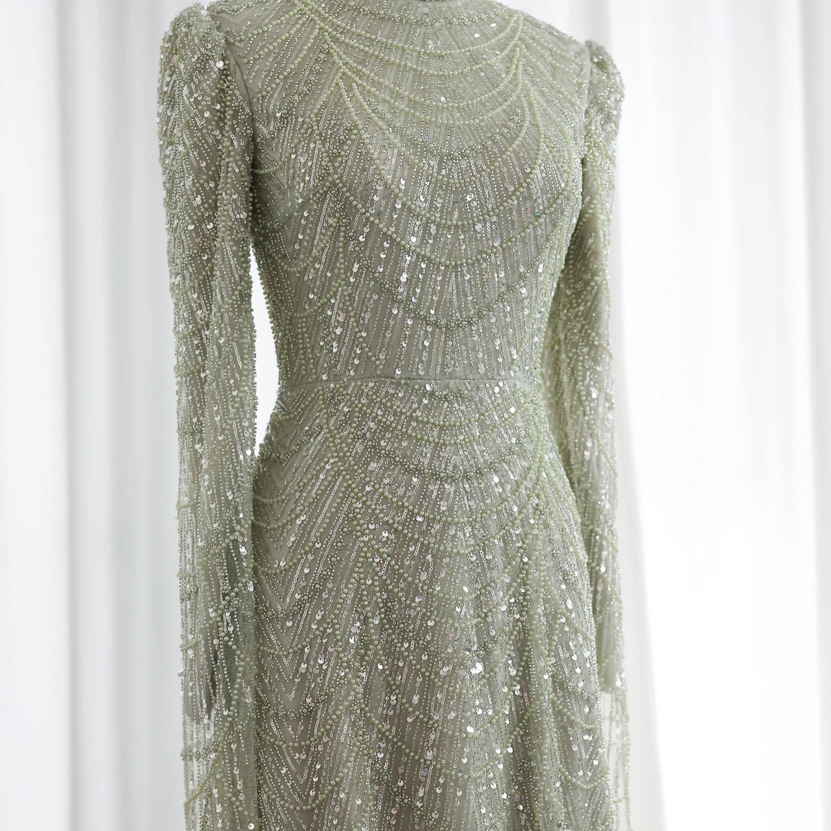 Luxury Sage Green Evening Dress with Cape Sleeves SS260