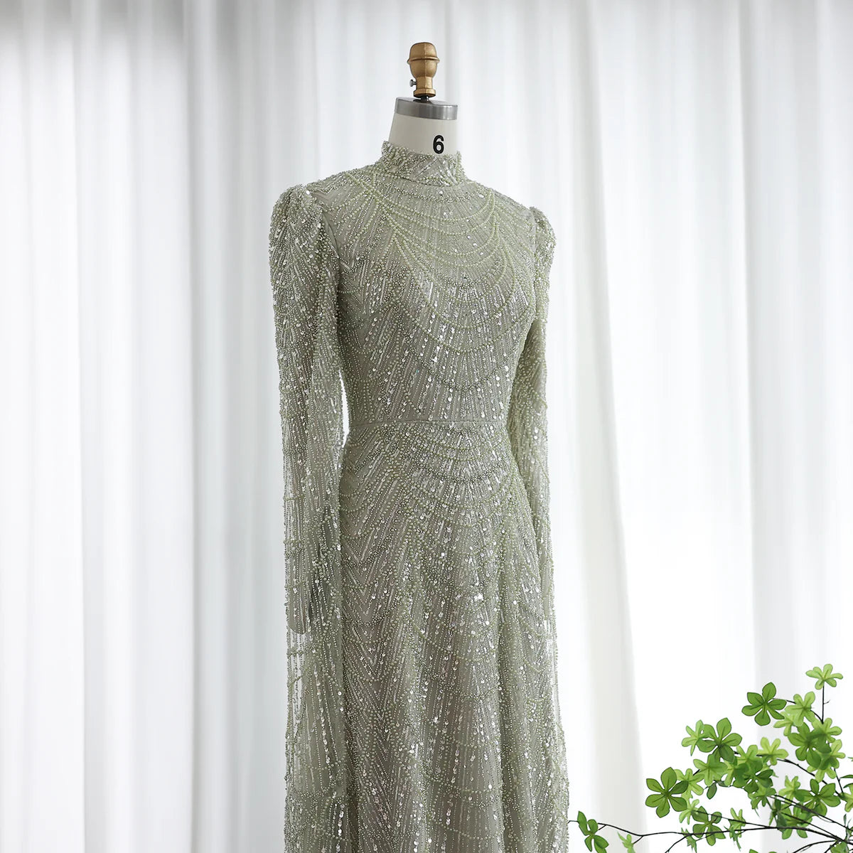 Luxury Sage Green Evening Dress with Cape Sleeves SS260
