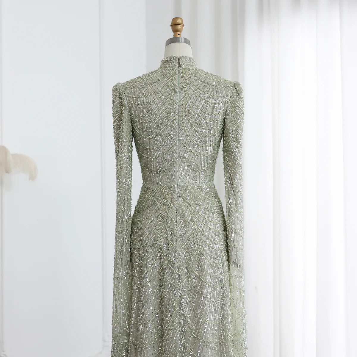 Luxury Sage Green Evening Dress with Cape Sleeves SS260