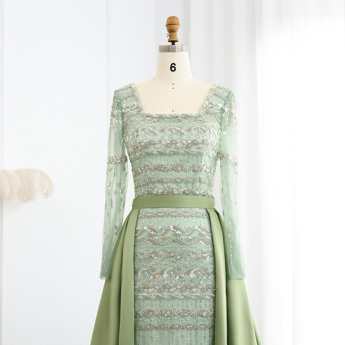 Luxury Sage Green Evening Dress with Detachable Overskirt SS238A