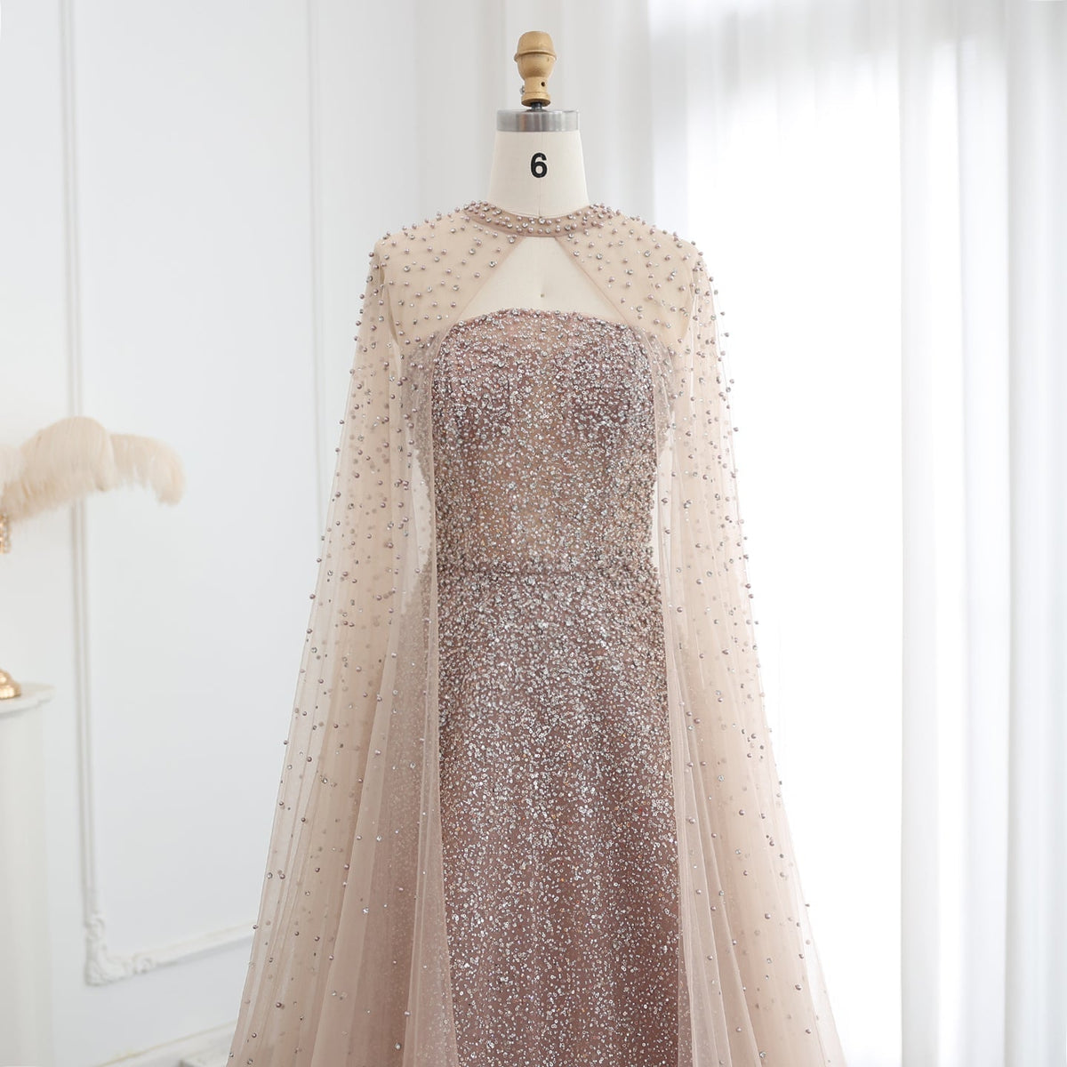 Luxury Sparkly Crystal Turquoise Evening Dress with Cape SS198