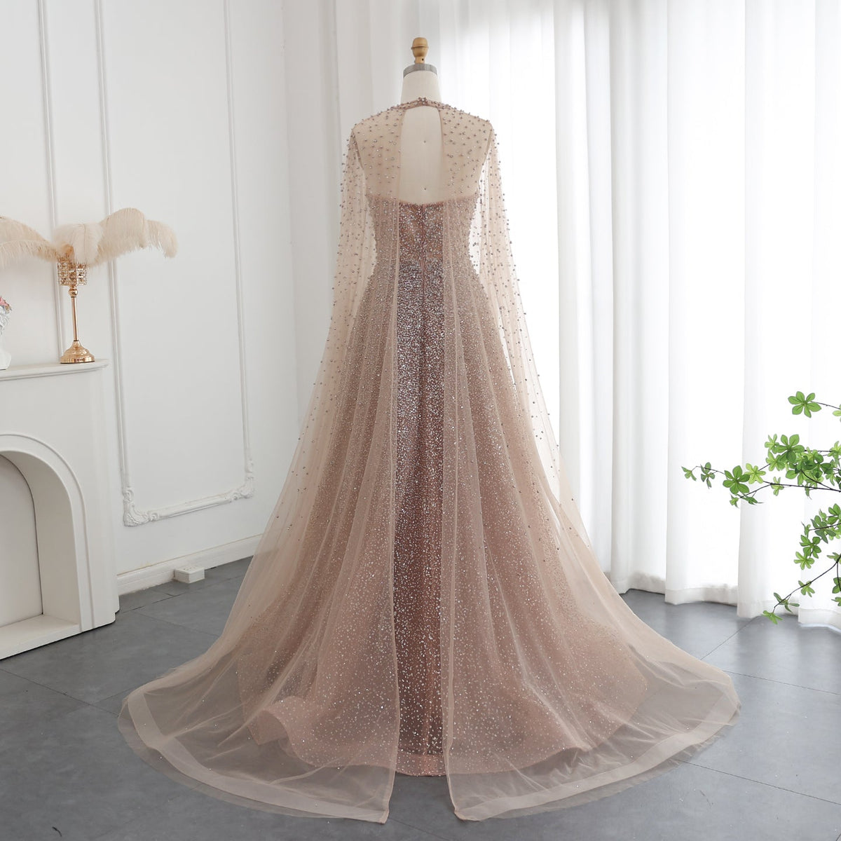 Luxury Sparkly Crystal Turquoise Evening Dress with Cape SS198