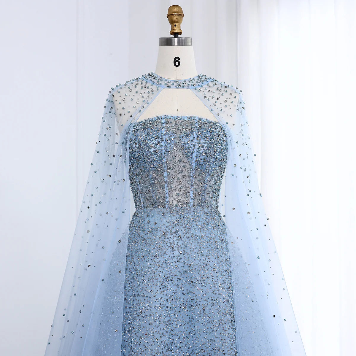 Luxury Sparkly Crystal Turquoise Evening Dress with Cape SS198