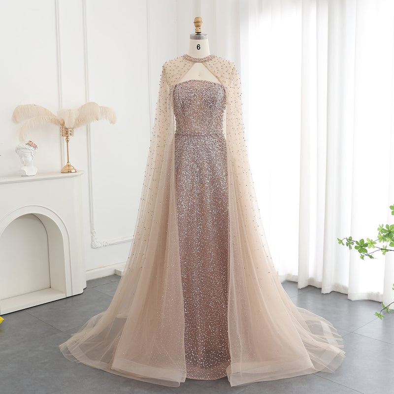 Luxury Sparkly Crystal Turquoise Evening Dress with Cape SS198