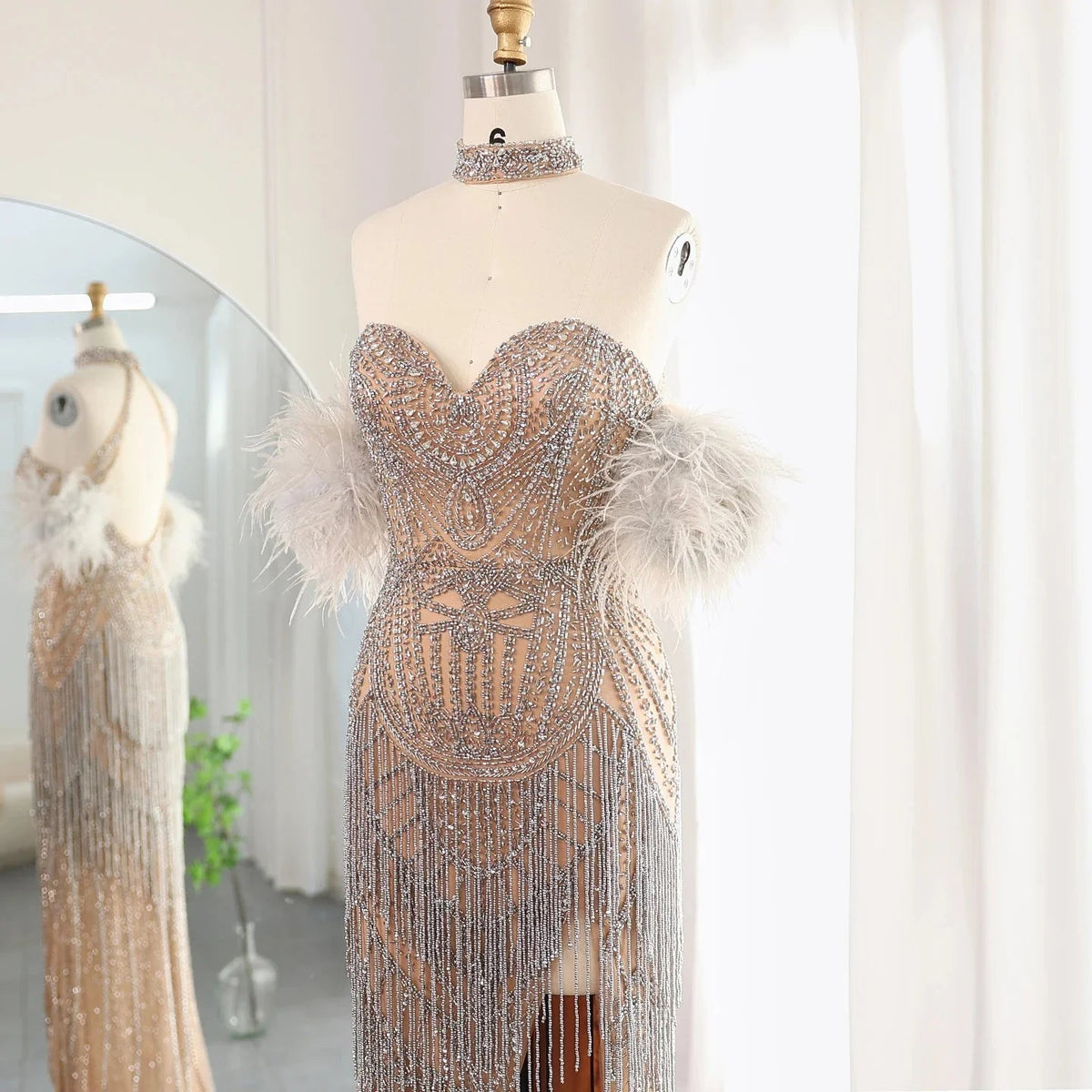 Luxury Tassel Feather Silver Nude Mermaid Evening Dress with Necklace High Slit Dubai Women Prom Party Gowns SS187