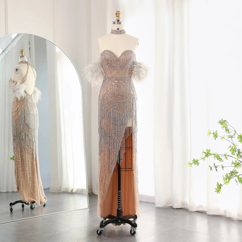 Luxury Tassel Feather Silver Nude Mermaid Evening Dress with Necklace High Slit Dubai Women Prom Party Gowns SS187