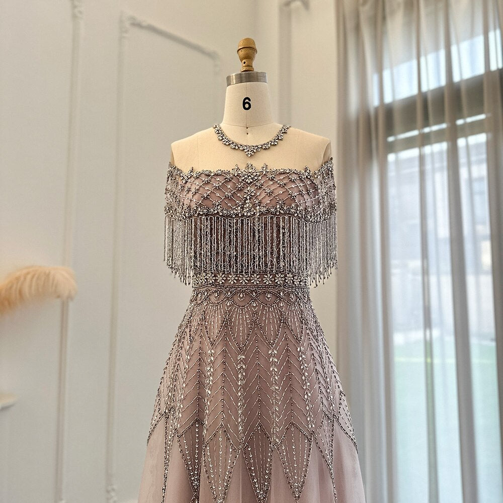 Luxury Tassel Heavy Beaded Arabic Evening Dresses for Women Wedding Party Elegant Long Formal Gowns In Stock SS061