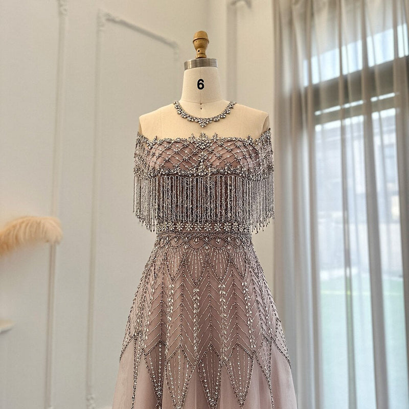 Luxury Tassel Heavy Beaded Arabic Evening Dresses for Women Wedding Party Elegant Long Formal Gowns In Stock SS061