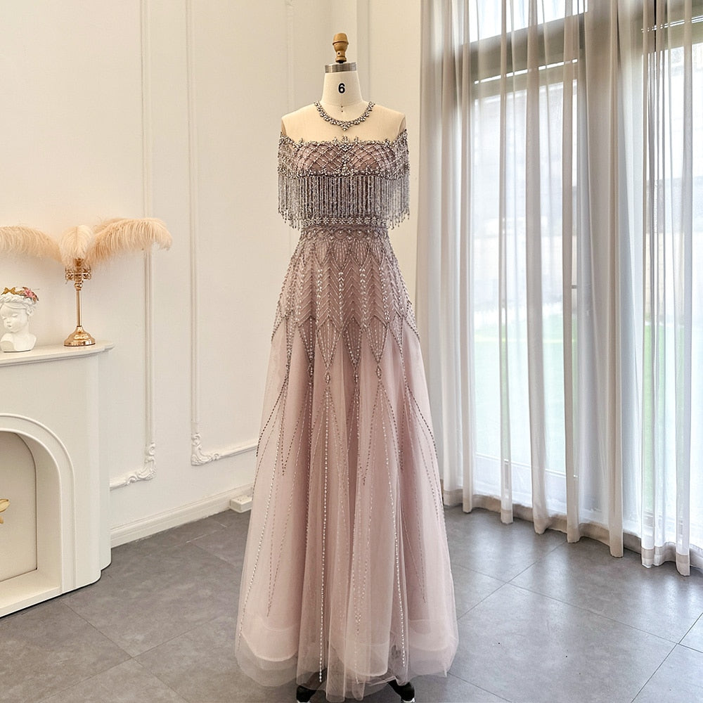 Luxury Tassel Heavy Beaded Arabic Evening Dresses for Women Wedding Party Elegant Long Formal Gowns In Stock SS061