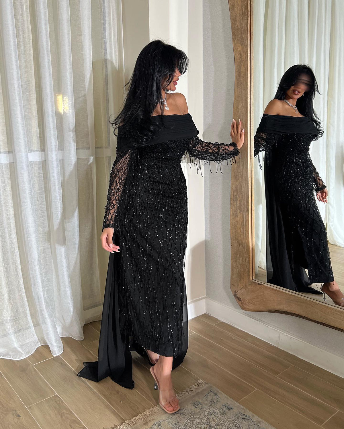 Luxury Tassel Lilac Off Shoulder Evening Dress with Cape SS138