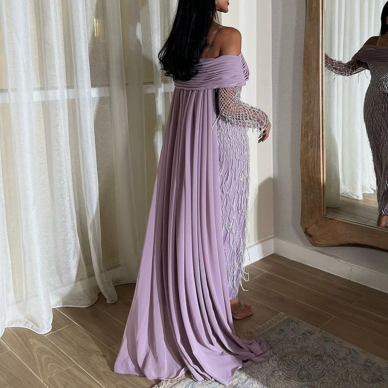 Luxury Tassel Lilac Off Shoulder Evening Dress with Cape SS138