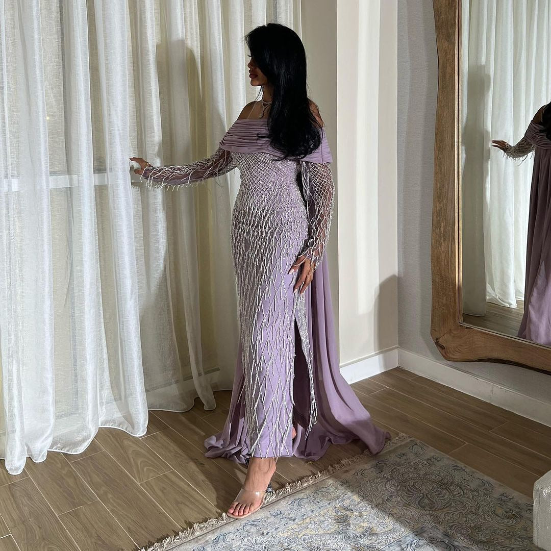 Luxury Tassel Lilac Off Shoulder Evening Dress with Cape SS138