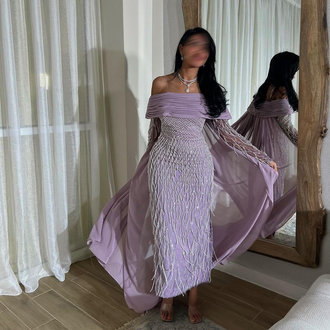 Luxury Tassel Lilac Off Shoulder Evening Dress with Cape SS138